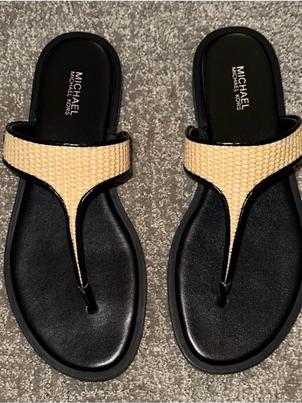 Michael Kors Black Footbed Tan Woven Thong Sandals